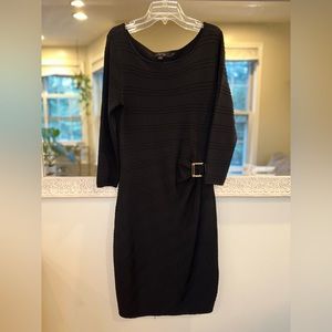 Tahari Black Ribbed Textured Stripes Rouched Side Buckle Dress - M